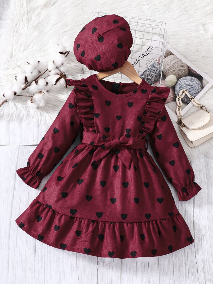 小女童愛心圖案荷葉邊荷葉袖腰帶燈芯絨洋裝