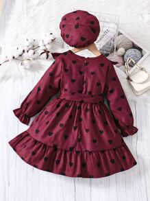 小女童愛心圖案荷葉邊荷葉袖腰帶燈芯絨洋裝