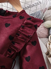 小女童愛心圖案荷葉邊荷葉袖腰帶燈芯絨洋裝