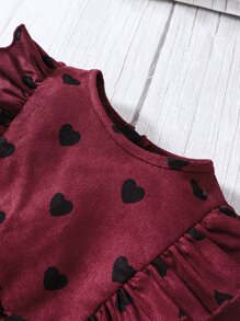 小女童愛心圖案荷葉邊荷葉袖腰帶燈芯絨洋裝