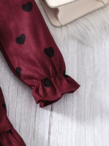 小女童愛心圖案荷葉邊荷葉袖腰帶燈芯絨洋裝