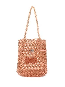 Mini Bucket Shaped Beaded Handbag - Brown - View 1