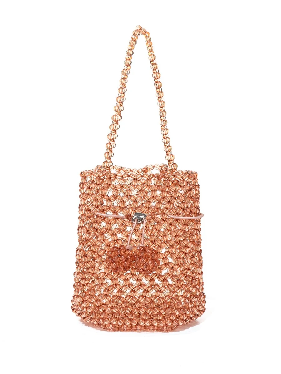Mini Bucket Shaped Beaded Handbag - Brown - View 1