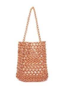 Mini Bucket Shaped Beaded Handbag - Brown - View 4