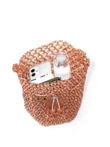 Mini Bucket Shaped Beaded Handbag - Brown - View 2