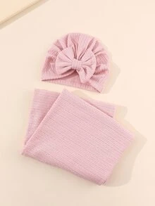Newborn Baby Wrap Blanket Set With Bow Decoration Hat, 1pc Swaddle Blanket And 1pc Headband For 1-10 Months - Coral Pink - View 3