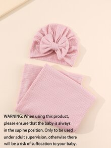 Newborn Baby Wrap Blanket Set With Bow Decoration Hat, 1pc Swaddle Blanket And 1pc Headband For 1-10 Months - Coral Pink - View 5