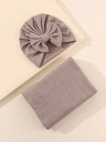 2pcs Solid Baby Swaddling Blanket & Turban Hat - Coffee Brown - View 1