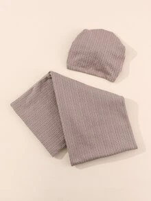 2pcs Solid Baby Swaddling Blanket & Turban Hat - Coffee Brown - View 2