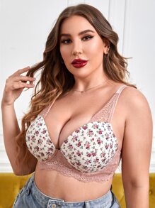 Plus Floral Print Contrast Lace Underwire Bra - Multicolor - View 4