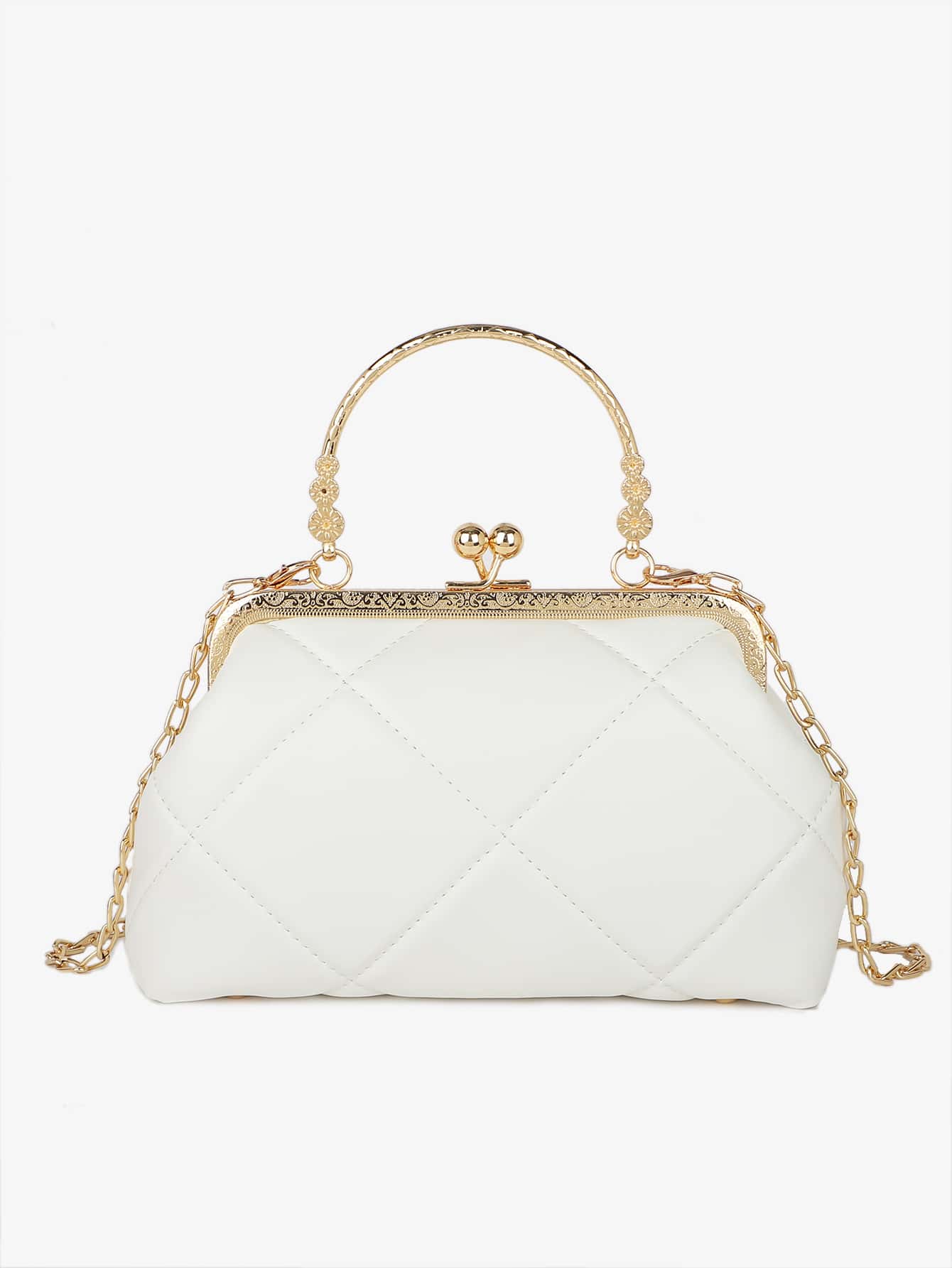 Quilted Detail Kiss Lock Chain Satchel Bag Valentines - White - View 1