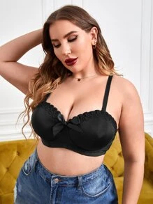 Plus Lace Trim Bow Front Underwire Bra - Black - View 3