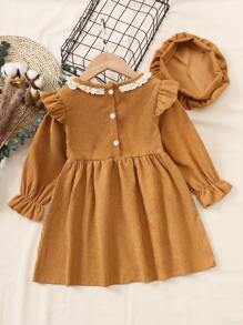 Đầm bé gái Nơ Bướm Nút Tương phản ren Xù màu trơn Dễ thương - Màu Mù tạt vàng - Xem 2