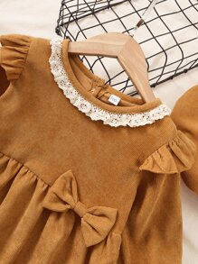 Đầm bé gái Nơ Bướm Nút Tương phản ren Xù màu trơn Dễ thương - Màu Mù tạt vàng - Xem 3