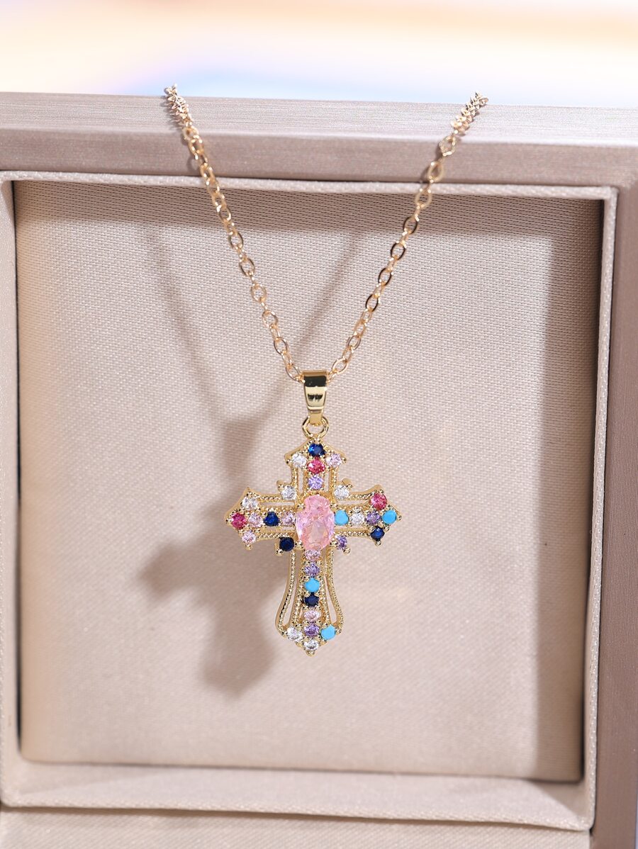 CVNANA Random Color Cubic Zirconia Cross Charm Necklace