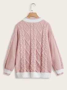 ROMWE Kawaii Jersey tejido de cable ribete en contraste de hombros caídos - Rosa - Ver 2