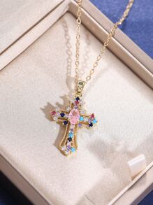 CVNANA Random Color Cubic Zirconia Cross Charm Necklace - Multicolor - View 3