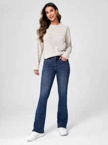 SHEINBlues Drop Waist Bootcut Leg Wool Denim Jeans - Dark Wash - View 4