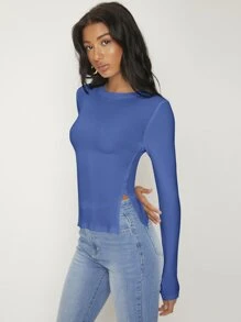 SHEIN BASICS Solid Rib-knit Slim Tee - Blue - View 4