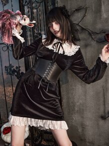 ROMWE Goth Contrast Lace Tie Front Velvet Dress - Black - View 1