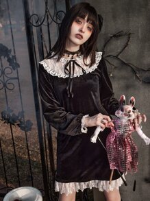 ROMWE Goth Contrast Lace Tie Front Velvet Dress - Black - View 2