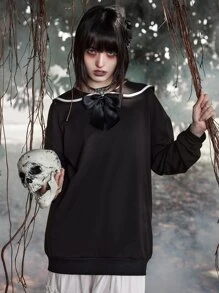 ROMWE Goth Sailor Collar Bow Front Sweatshirt - Black - View 1