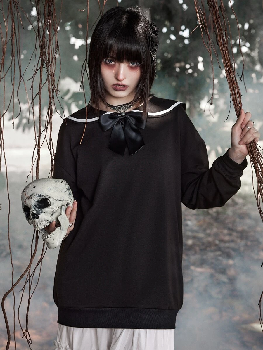ROMWE Goth Sailor Collar Bow Front Sweatshirt - Black - View 1