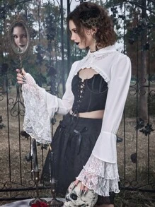 ROMWE Goth 蕾絲拼接前紐扣超短版襯衫 - 白色 - 查看 2