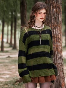 ROMWE Fairycore 条纹图案破洞落肩毛衣，学校 - 軍綠色 - 查看 5