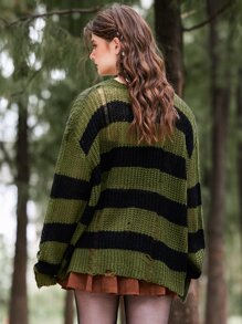 ROMWE Fairycore 条纹图案破洞落肩毛衣，学校 - 軍綠色 - 查看 6