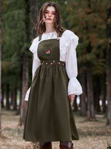 ROMWE Fairycore Mushroom Embroidery Overall Dress Without Top - Army Green - View 1