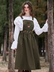 ROMWE Fairycore Mushroom Embroidery Overall Dress Without Top - Army Green - View 4