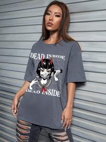 Square Apple Studios Artist Women Letter & Figure Graphic Drop Shoulder Oversize Tee, For Summer, Holiday, Festival - Dusty Blue - View 4