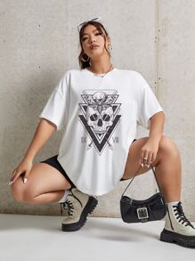 Vecster 大码骷髅印花落肩 T 恤 - 白色 - 查看 1