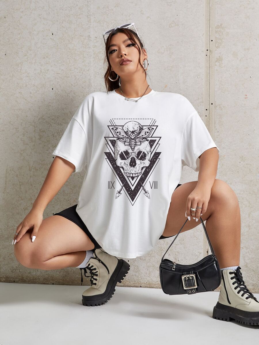 Vecster 大码骷髅印花落肩 T 恤 - 白色 - 查看 1
