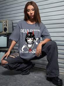 Square Apple Studios Artist Women Letter & Figure Graphic Drop Shoulder Oversize Tee, For Summer, Holiday, Festival - Dusty Blue - View 5