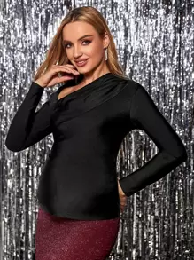 SHEIN Maternity Solid Asymmetrical Neck Tee - Black - View 1