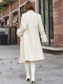 SHEIN Frenchy 西裝領雙排釦毛茸茸袖口花呢外套 - 米色 - 查看 2