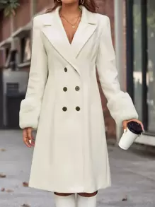 SHEIN Frenchy 西裝領雙排釦毛茸茸袖口花呢外套 - 米色 - 查看 4