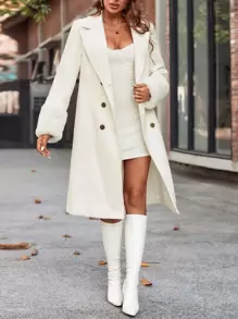 SHEIN Frenchy 西裝領雙排釦毛茸茸袖口花呢外套 - 米色 - 查看 5