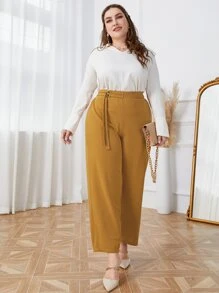 Mulvari Plus High Waist Draped Straight Leg Trousers - Mustard Yellow - View 6