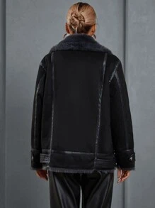 SHEIN BAE Lapel Neck Teddy Lined Biker Jacket - Black - View 2