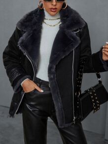 SHEIN BAE Lapel Neck Teddy Lined Biker Jacket - Black - View 3