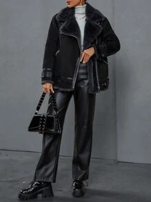 SHEIN BAE Lapel Neck Teddy Lined Biker Jacket - Black - View 4