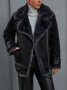 SHEIN BAE Lapel Neck Teddy Lined Biker Jacket - Black - View 5