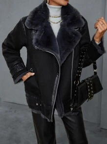 SHEIN BAE Lapel Neck Teddy Lined Biker Jacket - Black - View 7