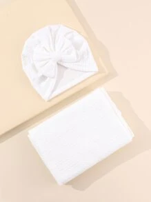 1-10 Months Baby Swaddle Blanket Set With Bow Decoration Infant Cap 1pc Swaddle Blanket And 1pc Headband - White - View 1