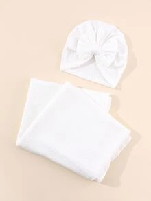 1-10 Months Baby Swaddle Blanket Set With Bow Decoration Infant Cap 1pc Swaddle Blanket And 1pc Headband - White - View 2