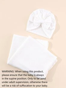 1-10 Months Baby Swaddle Blanket Set With Bow Decoration Infant Cap 1pc Swaddle Blanket And 1pc Headband - White - View 4