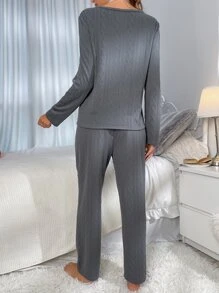 Notched Neckline Drawstring Waist Lounge Set - Dark Grey - View 2